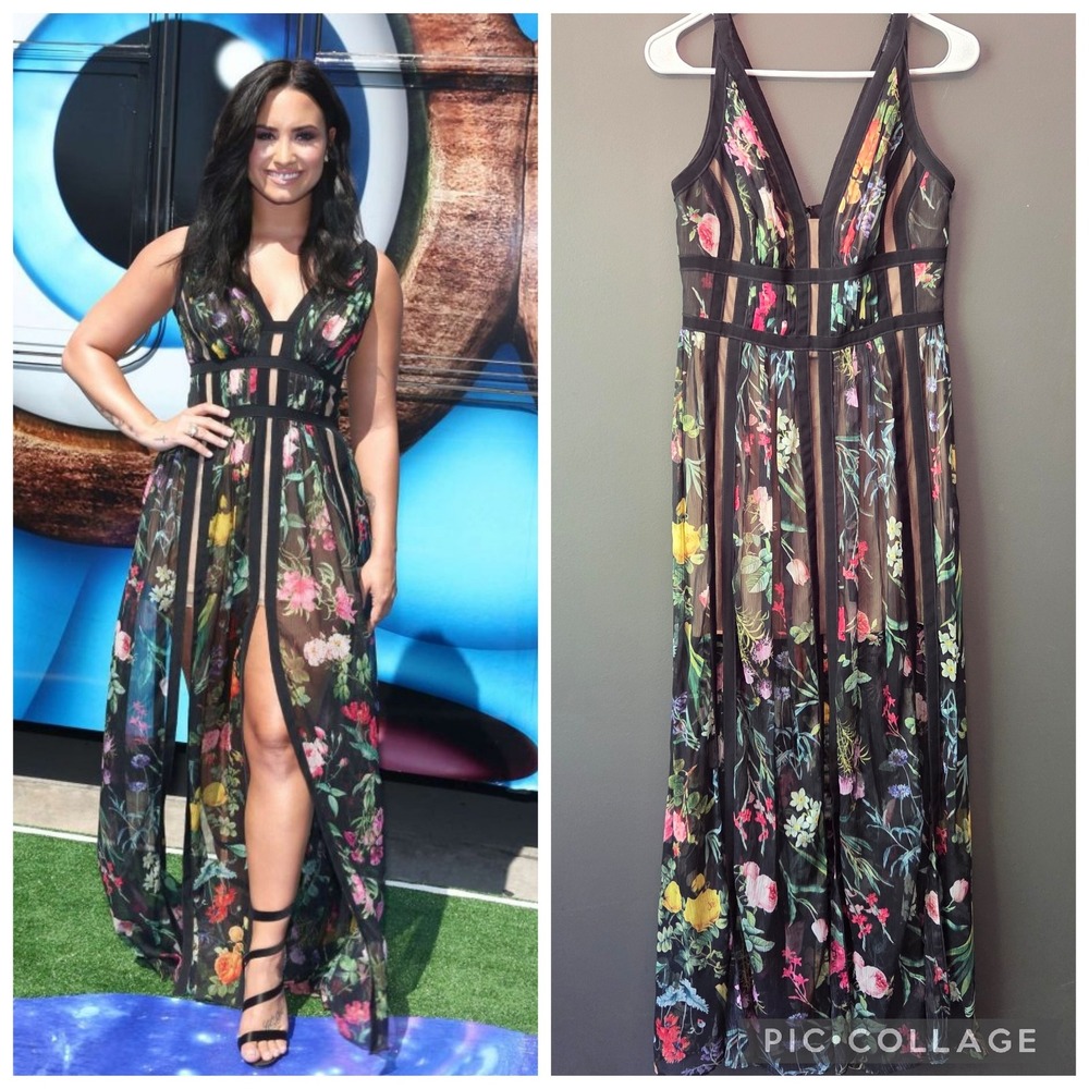Tadashi Shoji Clea Gown Floral V-Neck Caged Maxi Dress Multi Size 2 Demi Lovato